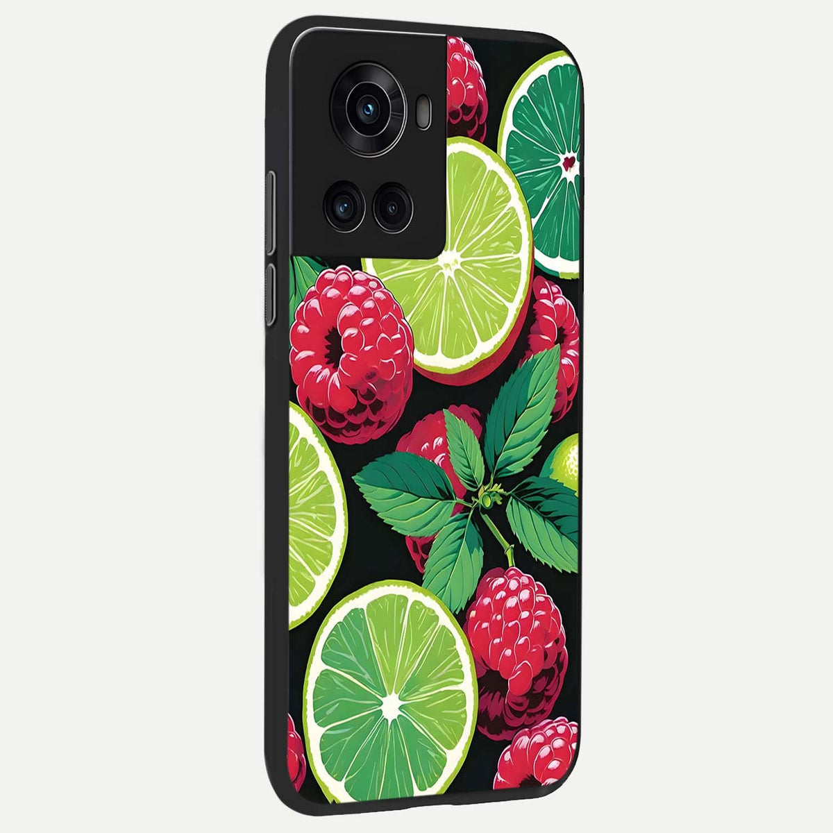 Lime and Raspberry Pattern back cover For OnePlus 10R slim fit glass case with vibrant aesthetic design