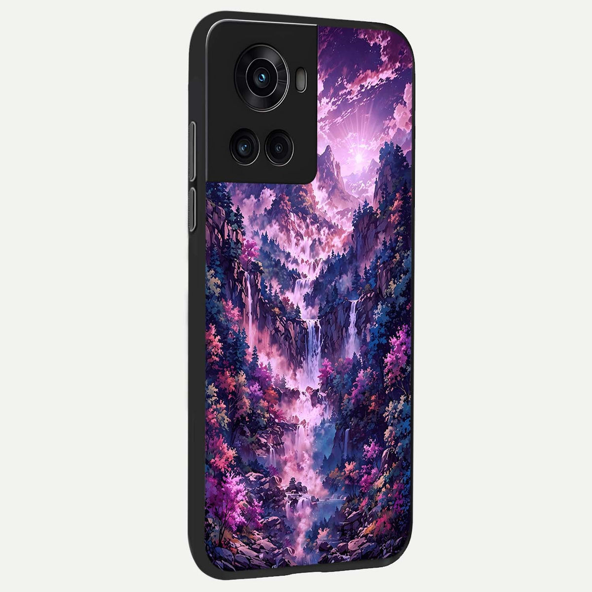Mystic Cascade Peaks back cover For OnePlus 10R slim fit glass case with vibrant aesthetic design