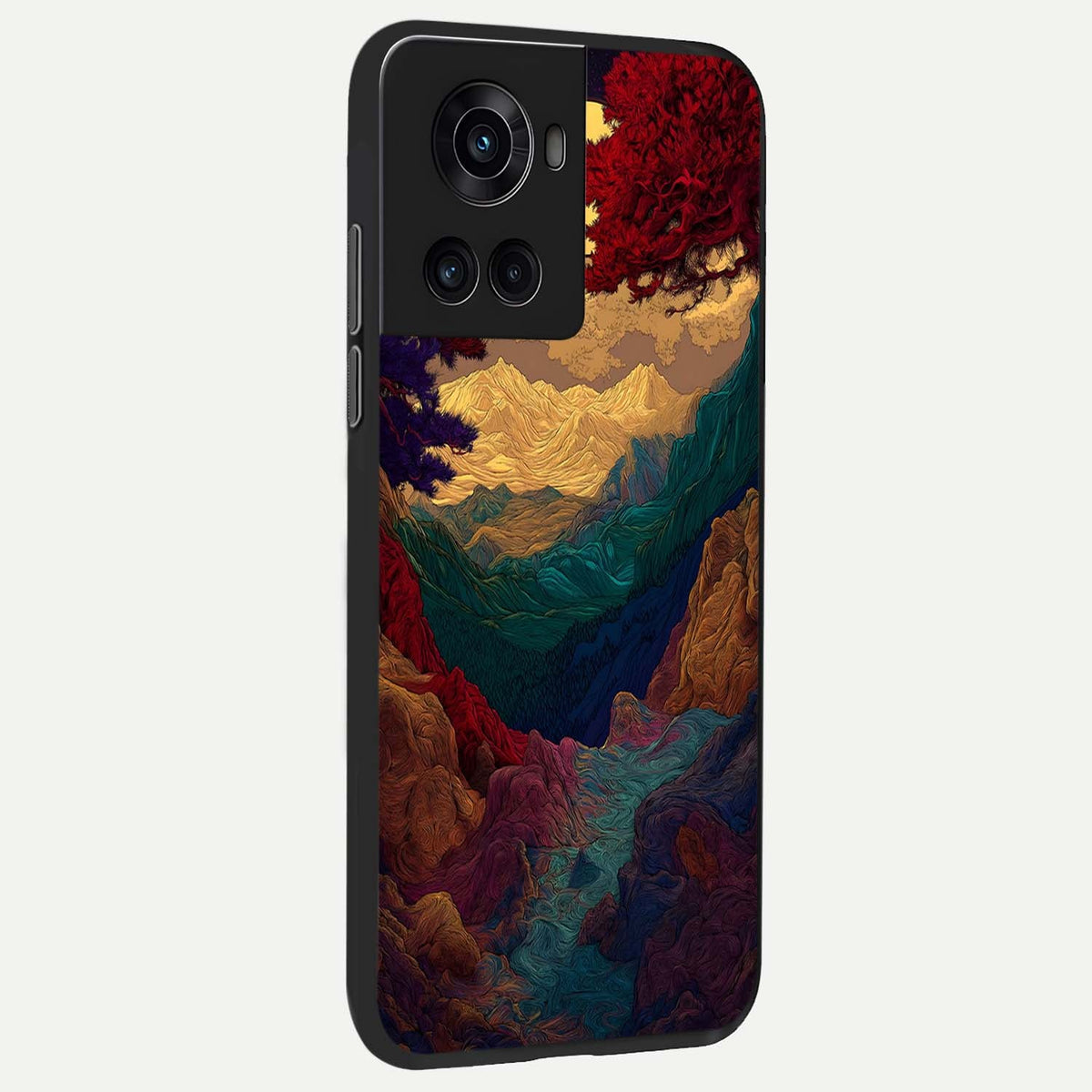 Mystic Valley Light back cover For OnePlus 10R slim fit glass case with vibrant aesthetic design