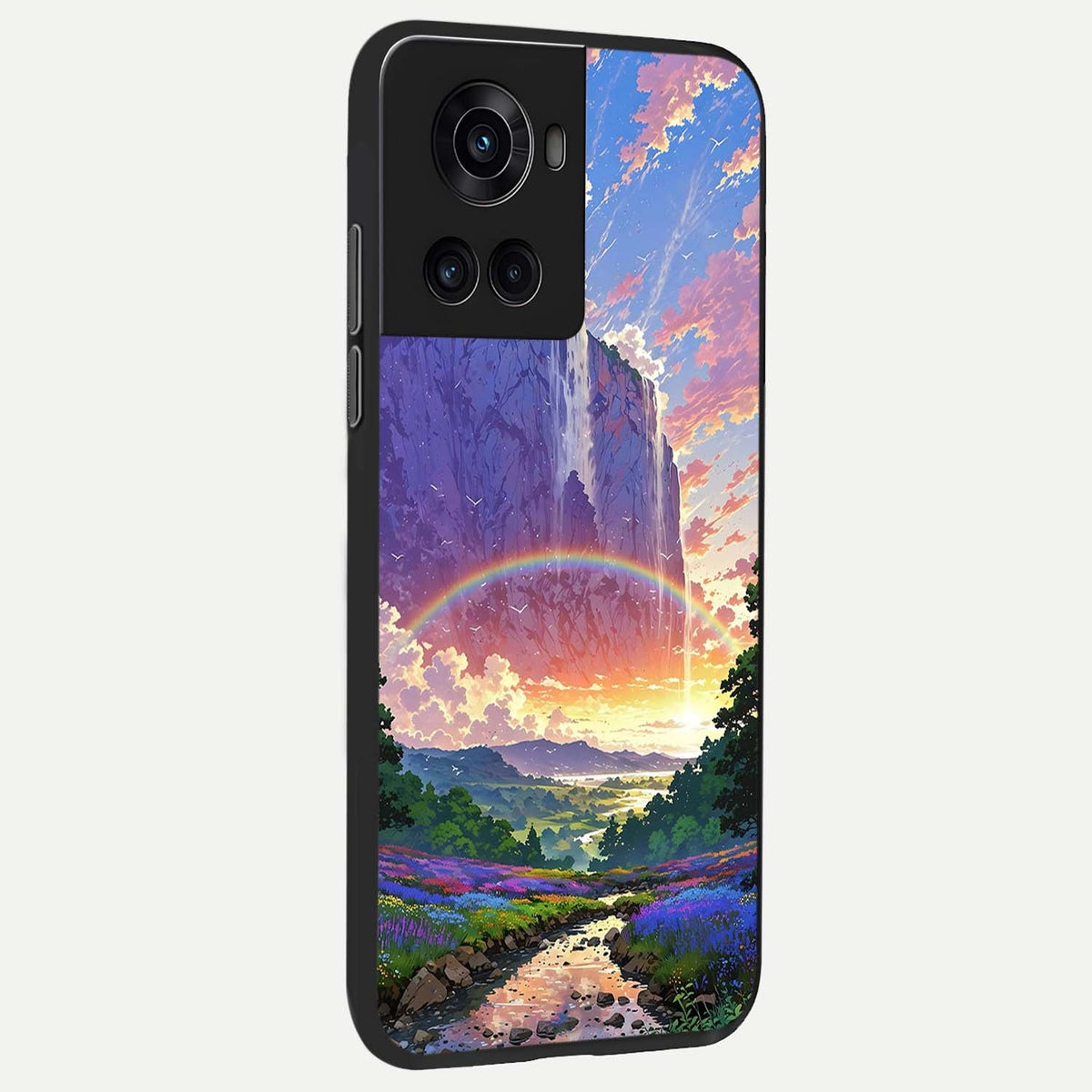 Rainbow Valley Dream back cover For OnePlus 10R slim fit glass case with vibrant aesthetic design