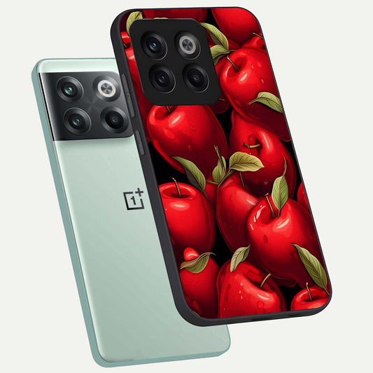 Apple Pattern phone case For OnePlus 10T showing premium glass back cover with detailed artwork