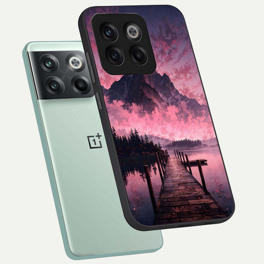 Beautiful Mountain View phone case For OnePlus 10T showing premium glass back cover with detailed artwork
