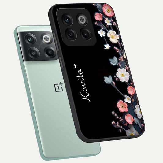 Black Elegance Floral Custom Name phone case For OnePlus 10T showing premium glass back cover with detailed artwork