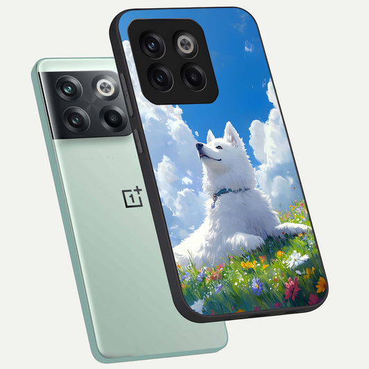 Blissful Cloud Pup phone case For OnePlus 10T showing premium glass back cover with detailed artwork
