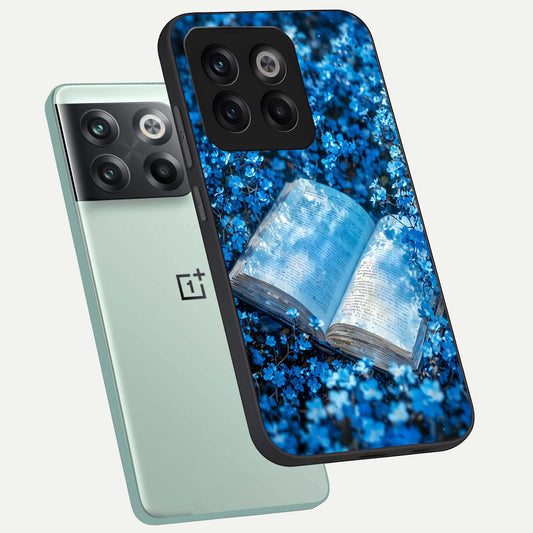 Blue Bloom Tales phone case For OnePlus 10T showing premium glass back cover with detailed artwork