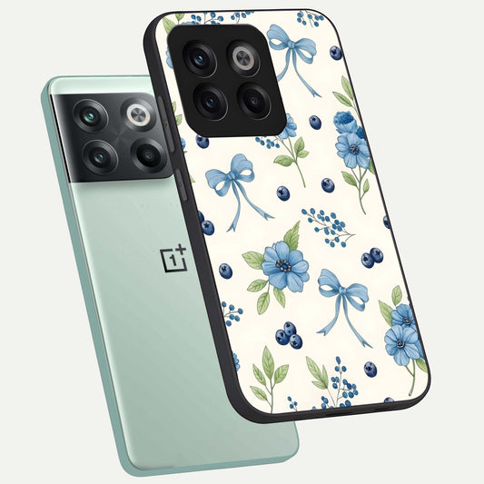 Blue Flower And Bow phone case For OnePlus 10T showing premium glass back cover with detailed artwork