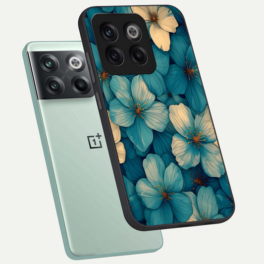 Blue Shade Floral phone case For OnePlus 10T showing premium glass back cover with detailed artwork