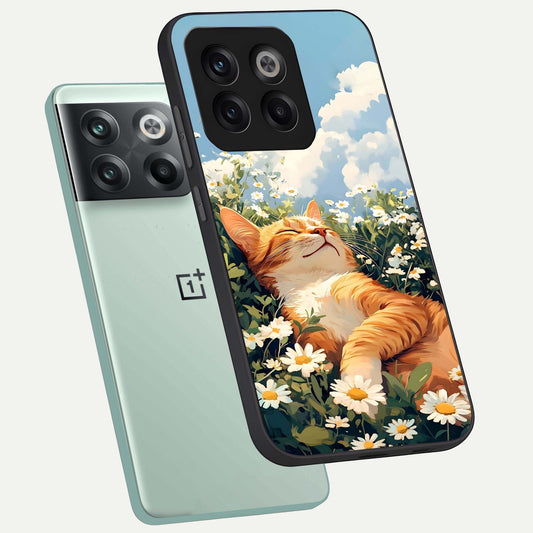 Cat And Flowers View phone case For OnePlus 10T showing premium glass back cover with detailed artwork