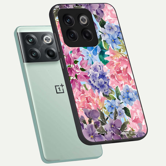 Pastel Floral Mix phone case For OnePlus 10T showing premium glass back cover with detailed artwork