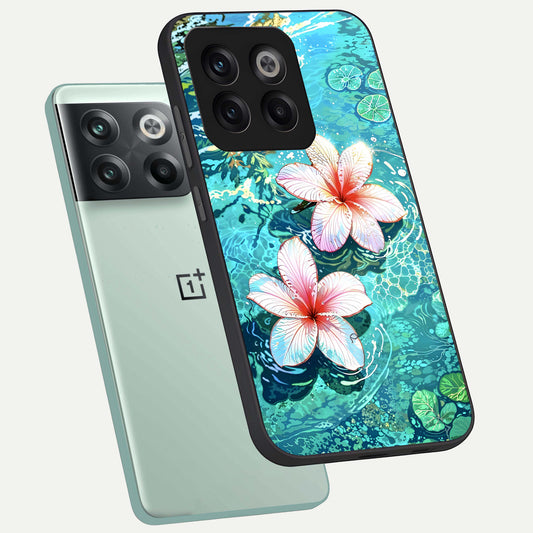 Pink Flowers in Water phone case For OnePlus 10T showing premium glass back cover with detailed artwork