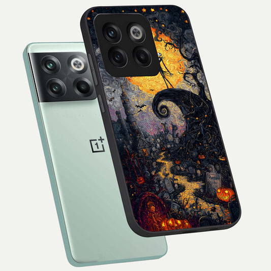 Pumpkin Moon Night phone case For OnePlus 10T showing premium glass back cover with detailed artwork