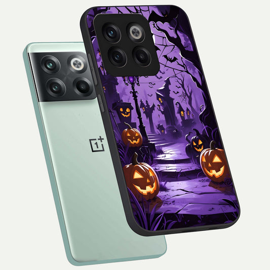 Pumpkin Patch Halloween phone case For OnePlus 10T showing premium glass back cover with detailed artwork