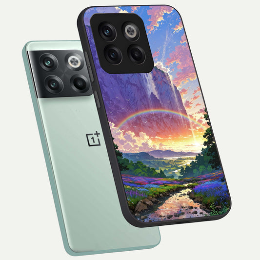 Rainbow Valley Dream phone case For OnePlus 10T showing premium glass back cover with detailed artwork
