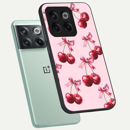 Red Cherries Pattern phone case For OnePlus 10T showing premium glass back cover with detailed artwork