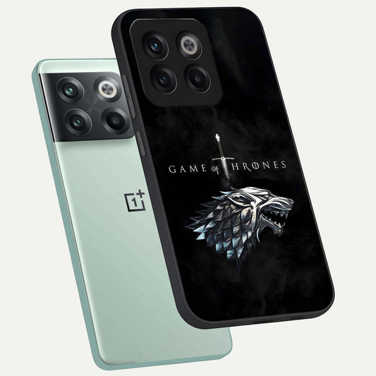 Throne Wolf Legacy phone case For OnePlus 10T showing premium glass back cover with detailed artwork