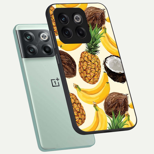 Tropical Fruit Mood phone case For OnePlus 10T showing premium glass back cover with detailed artwork