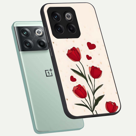 Tulip With Heart phone case For OnePlus 10T showing premium glass back cover with detailed artwork