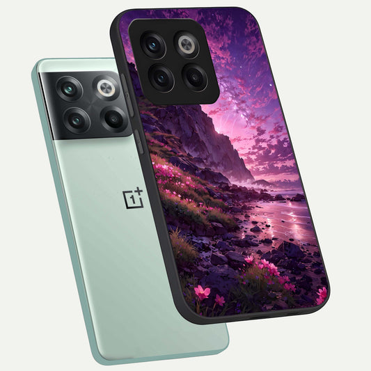 Twilight Blossom Coast phone case For OnePlus 10T showing premium glass back cover with detailed artwork