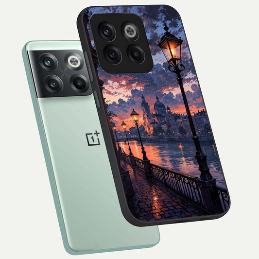 Twilight River Lights phone case For OnePlus 10T showing premium glass back cover with detailed artwork