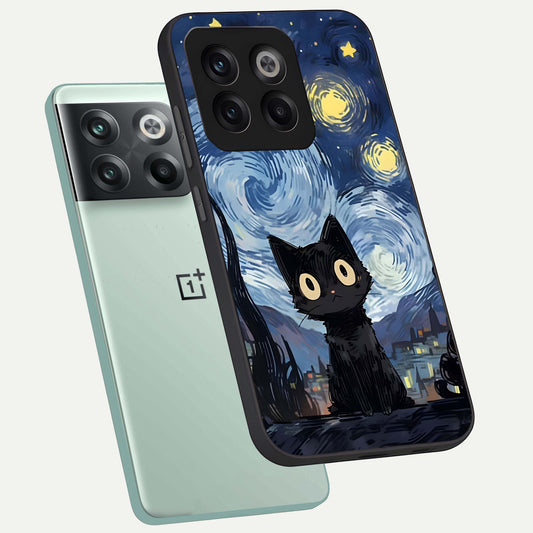 Van Gogh Cat phone case For OnePlus 10T showing premium glass back cover with detailed artwork