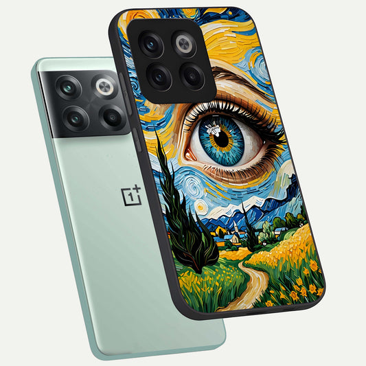 Van Gogh Eye phone case For OnePlus 10T showing premium glass back cover with detailed artwork
