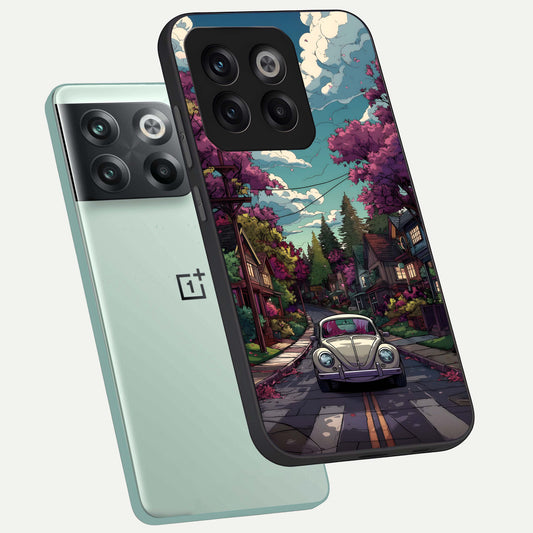 Vintage Street Drive phone case For OnePlus 10T showing premium glass back cover with detailed artwork