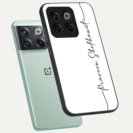 White Tune Custom Name phone case For OnePlus 10T showing premium custom name glass back cover