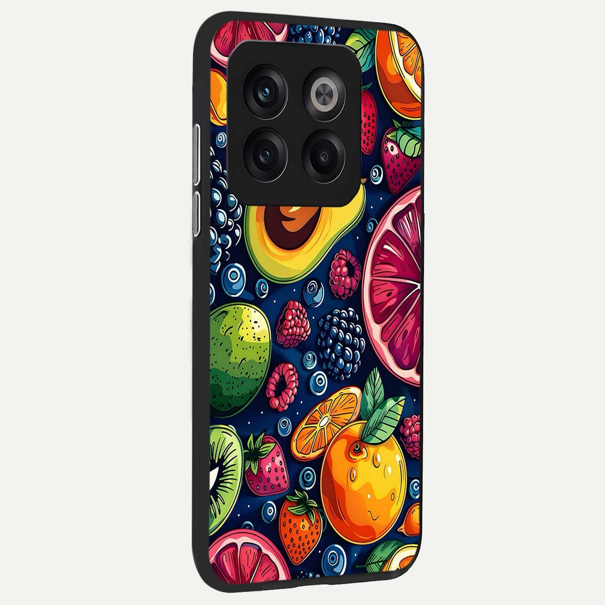 Cute Fruits Art back cover For OnePlus 10T slim fit glass case with vibrant aesthetic design