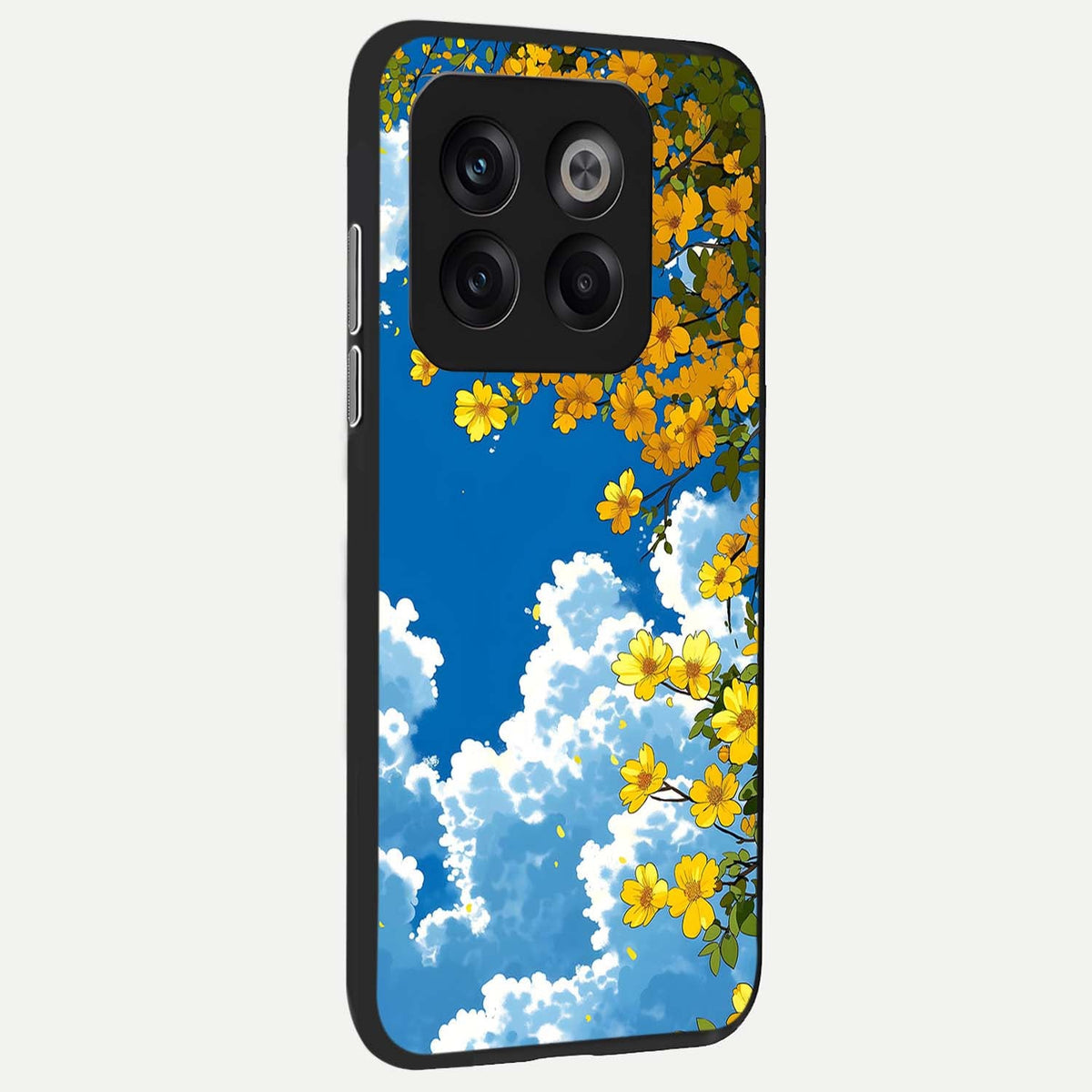 Golden Petal Sky back cover For OnePlus 10T slim fit glass case with vibrant aesthetic design