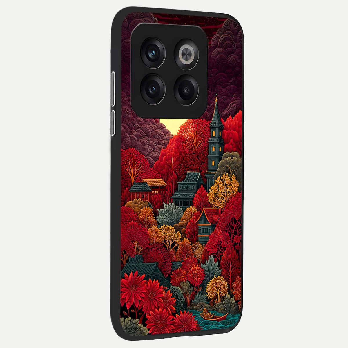 Scarlet Autumn Temple back cover For OnePlus 10T slim fit glass case with vibrant aesthetic design
