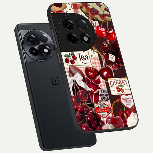 Aesthetic Cherry Tea phone case For OnePlus 11R showing premium glass back cover with detailed artwork