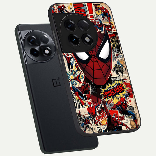 Aesthetic Wonder Spider phone case For OnePlus 11R showing premium glass back cover with detailed artwork
