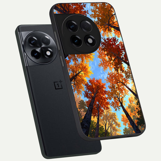 Autumn Sky Rise phone case For OnePlus 11R showing premium glass back cover with detailed artwork