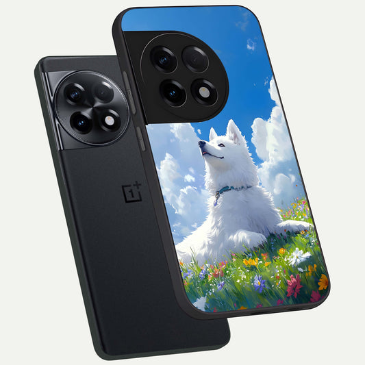 Blissful Cloud Pup phone case For OnePlus 11R showing premium glass back cover with detailed artwork