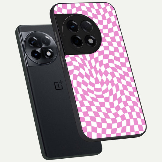 Bubblegum Check Wave phone case For OnePlus 11R showing premium glass back cover with detailed artwork