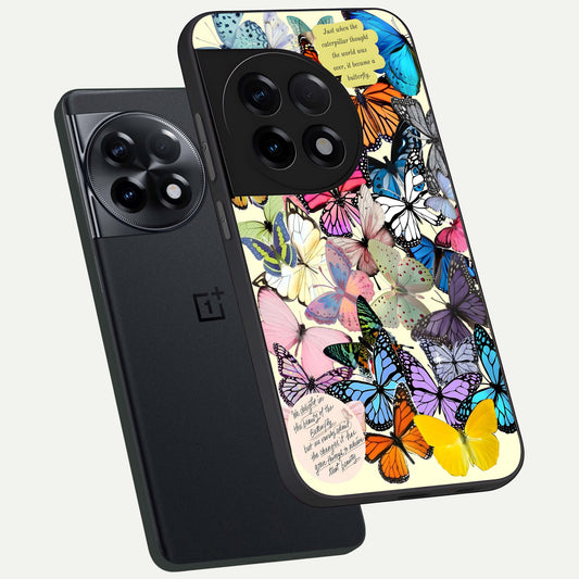 Butterflies Petal Dream phone case For OnePlus 11R showing premium glass back cover with detailed artwork