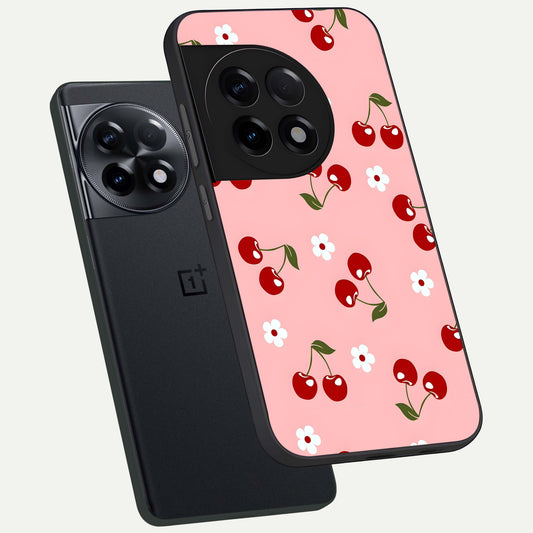 Cherry Love Mood phone case For OnePlus 11R showing premium glass back cover with detailed artwork