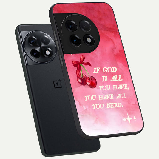 Cherry Quote phone case For OnePlus 11R showing premium glass back cover with detailed artwork