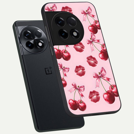 Cherry With Lips phone case For OnePlus 11R showing premium glass back cover with detailed artwork
