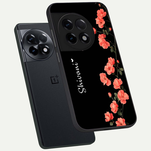 Crimson Bloom Grace Custom Name phone case For OnePlus 11R showing premium glass back cover with detailed artwork