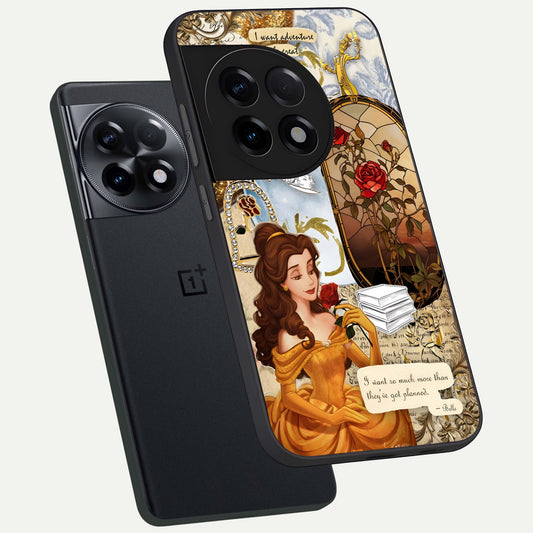 Golden Dream Belle phone case For OnePlus 11R showing premium glass back cover with detailed artwork