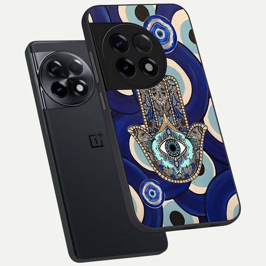 Hamsa Divine Guard phone case For OnePlus 11R showing premium glass back cover with detailed artwork