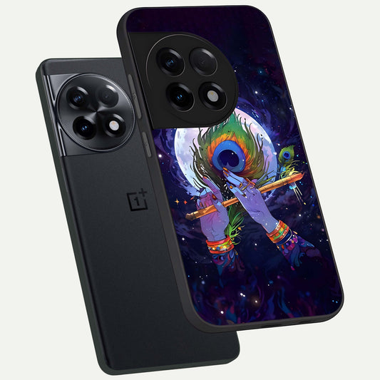 Krishna Hands Art phone case For OnePlus 11R showing premium glass back cover with detailed artwork
