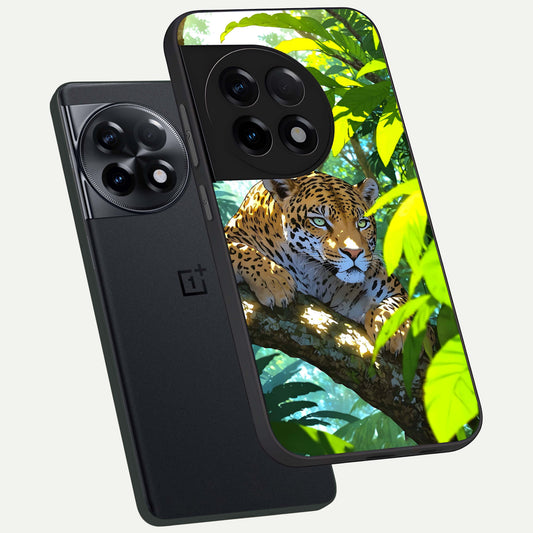 Leopard in Jungle phone case For OnePlus 11R showing premium glass back cover with detailed artwork