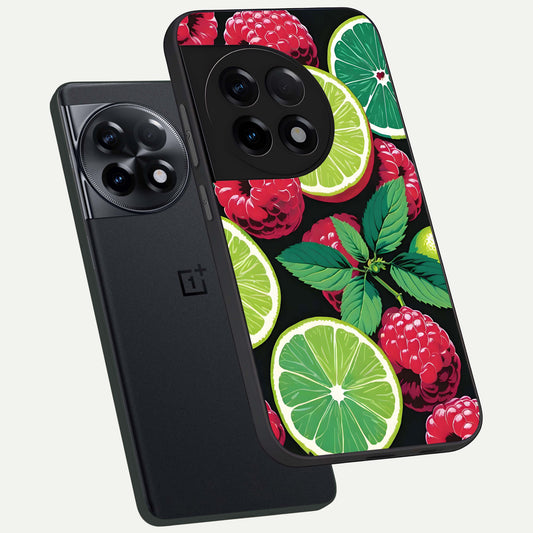 Lime and Raspberry Pattern phone case For OnePlus 11R showing premium glass back cover with detailed artwork