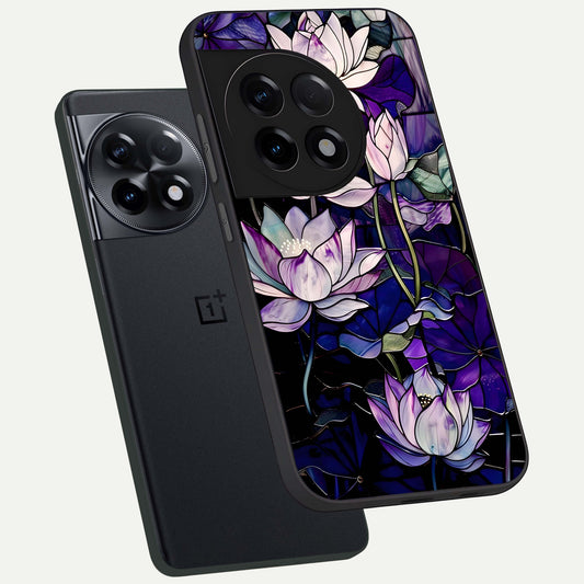 Purple Lotus Pattern phone case For OnePlus 11R showing premium glass back cover with detailed artwork