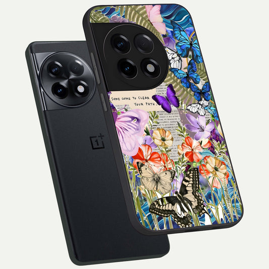 Storm Path Bloom phone case For OnePlus 11R showing premium glass back cover with detailed artwork