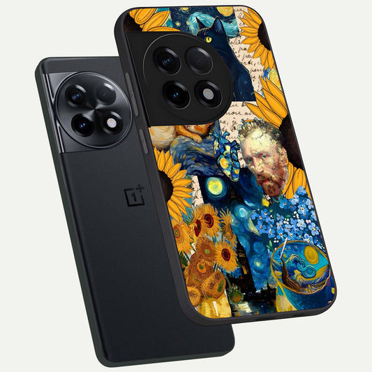 Sunflower Chic Mood Custom Name phone case For OnePlus 11R showing premium glass back cover with detailed artwork