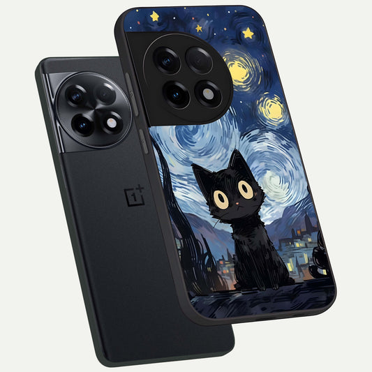 Van Gogh Cat phone case For OnePlus 11R showing premium glass back cover with detailed artwork