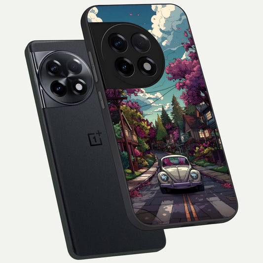 Vintage Street Drive phone case For OnePlus 11R showing premium glass back cover with detailed artwork